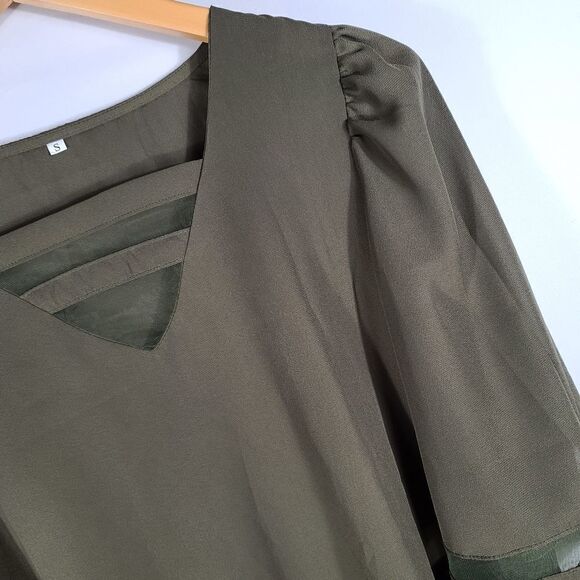 Light Olive V-Neck Mesh-Stripe Bell Sleeve Top - Picture 2 of 8